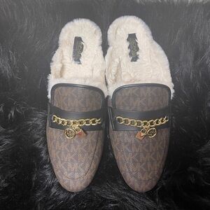 Michael Kors Elsa Embellished Logo Faux Fur Mule. 7.5